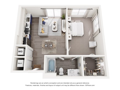 Floor plan for 1 bed, 1 bath, 693 sqft